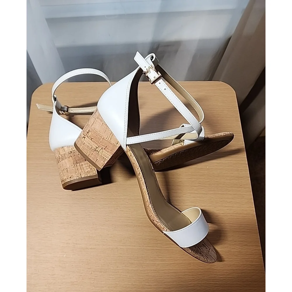 Michael Kors Women  Leather Ankle Strap Cork Block Heels 10 M - WHITE